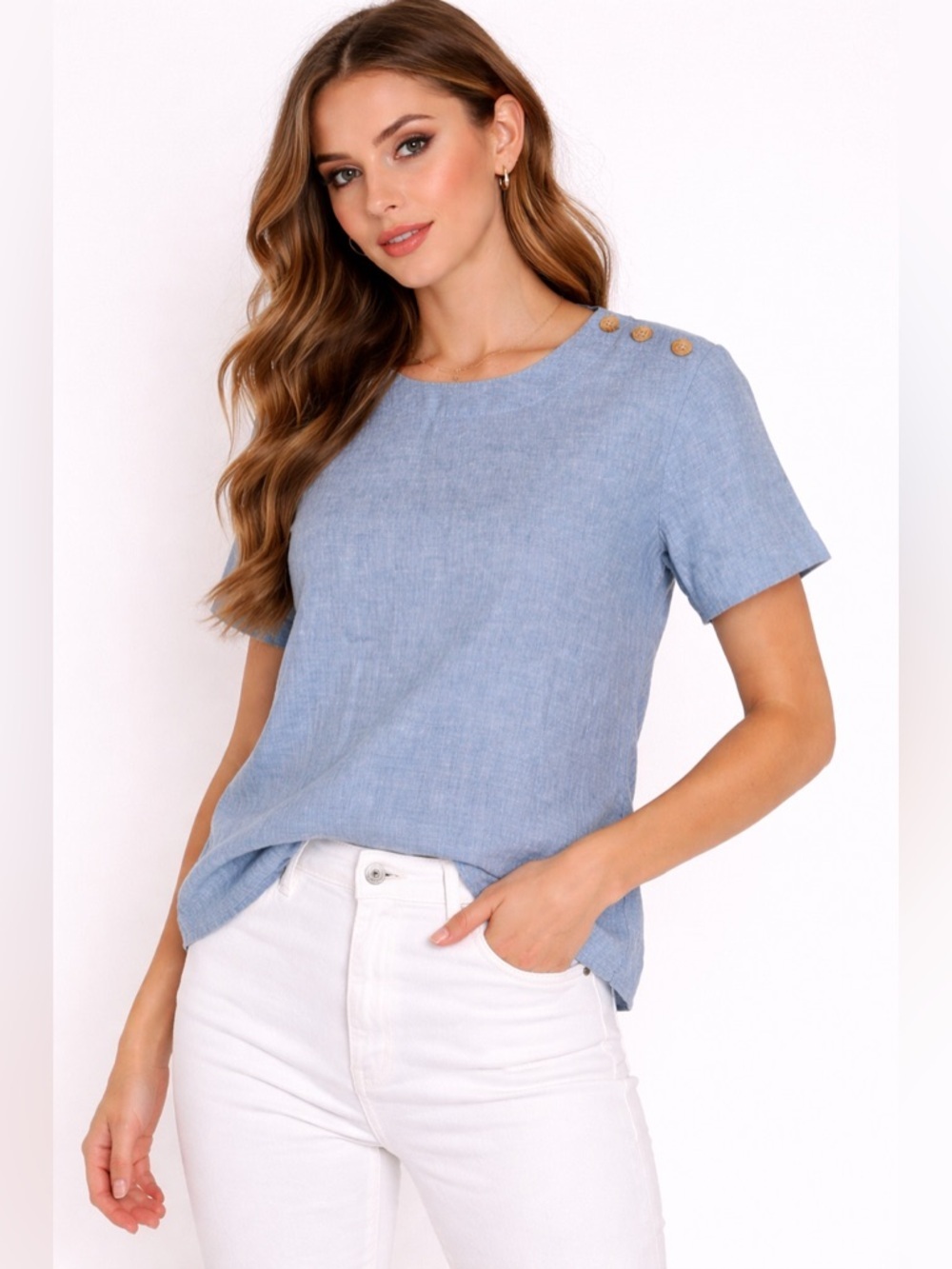 Lands' End Light Blue 100% Linen Short-Sleeve Top with Shoulder Buttons